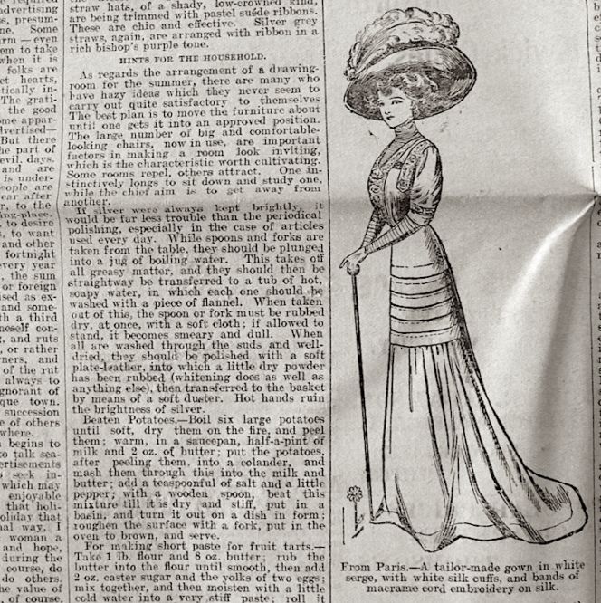 This illustration and text from spring 1909 shows the typical women’s fashion of that year with a tightly laced waist and forward-projected upper body, and a dress with a train and voluminous hat with large feathers. (Courtesy of: Whitby Museum, Library & Archive, Whitby Gazette May 1909).