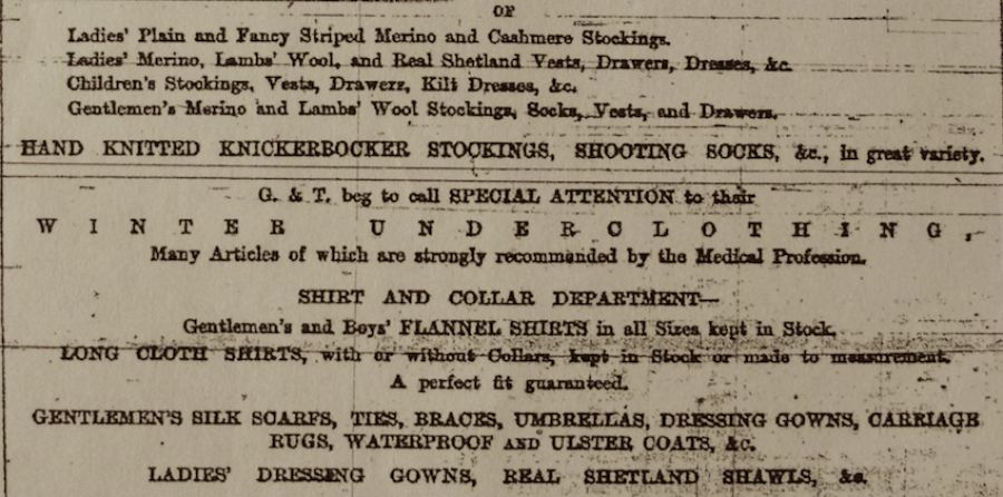 Greensmith & Thackwray at no. 12 St. Ann’s Staith in Whitby, particularly emphasised the importance of all sorts of ‘Winter Underclothing – Many Articles of which are strongly recommended by the Medical Profession’ in this advert (part of) from 18th November in 1876. (Whitby Museum, Library & Archive). Photo: Viveka Hansen.