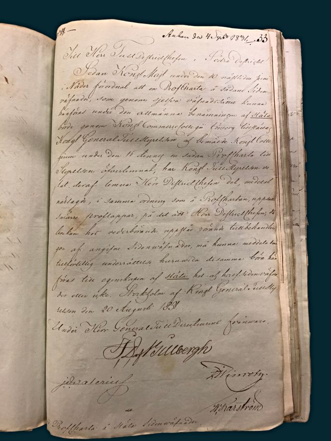 The letter, presented in an English translation below from the Swedish language, ’Arrived on 4th September 1831’, was addressed to the Customs South District. It had been bound in a letter-book numbered ’33’, followed by a foldout sample chart of silks for the same year for the South Customs District in Sweden. (Collection: The National Archive… See sources). Photo: Viveka Hansen, The IK Foundation.