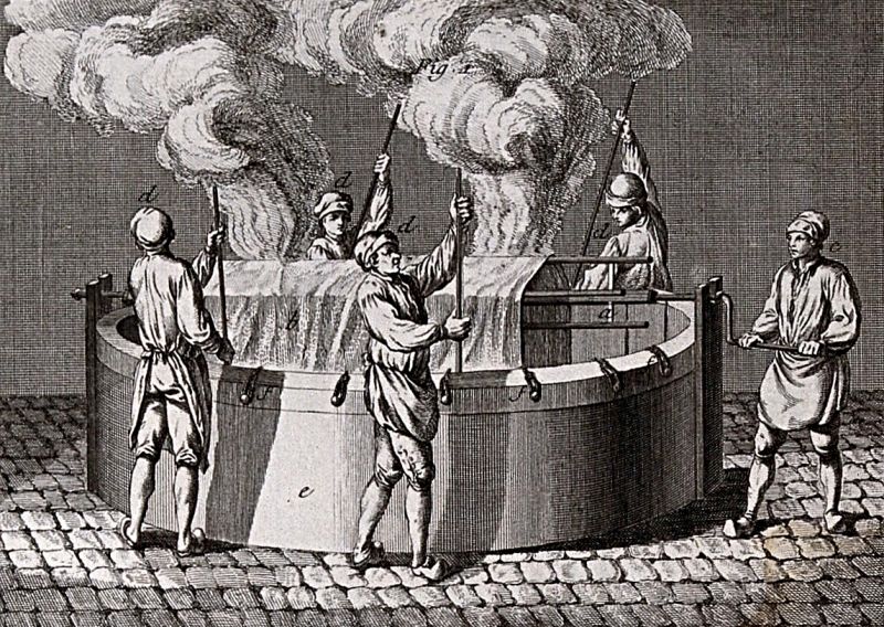 This French engraving of dyers at ‘Teinture des Gobelins’, dating to circa the 1760s, gives a good understanding of the often hazardous work of dyeing yarn and cloth. Not seldom, toxic substances were part of the process – like tin, arsenic or lead – to achieve the desired durable colours. Observations by Carl Linnaeus during his provincial tours in Sweden give further information about professional and home dyers conditions.|Engraving and print by Robert Bénard (1734-1777) and Louis-François Petit-Radel (1740–1818). (Courtesy: Wellcome Collection 44057i, part of. Public Domain).