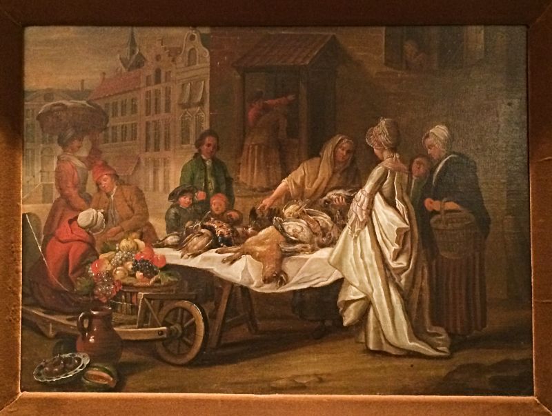 Oil on canvas by the London artist William Hogarth (1697-1764) or in the style of this famous painter. Judging by the fine lady’s sack-back silk gown, this study of a market stall that sold hares and game birds placed on a linen fabric, etc., dates from circa 1750. Just around the time when the naturalist Pehr Kalm (1716-1779) visited London. The depicted area also appears to be very prosperous – visible via grand architecture, well-to-do citizens accompanied by servants carrying the purchases home in a basket, a washerwoman to deliver the laundry, grapes for sale, which must have been grown in greenhouses as well as the overall neat impression of everyday life. (Private Art Collection, Denmark). Photo: Viveka Hansen, The IK Foundation.
