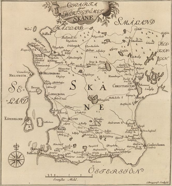 This map, included in Carl Linnaeus’ journal of the journey to Skåne in 1749, was assisted by dotted lines for his travel route, which is helpful for research linked to his observations – sheep and their wool being one such perspective. Traditions varied as to the shearing of the sheep: shearing both in the autumn and the spring, in the autumn only, in the spring only, shearing using clippers, stripping the wool or washing the sheep before shearing. Linnaeus encountered a number of those methods on his tours of Skåne as well as on the earlier journeys during the same decade to the provinces of Öland, Gotland and Västergötland. At the Sinclairsholm estate – marked out on the map and situated in the northeast corner of Skåne – it was, for instance, noted on 18th May 1749 that the Spanish sheep ‘must not be shorn more than once a year, for against the winter they do not tolerate the cold.’ Linnaeus also observed the foreign breeds of sheep in the province’s countryside, where it was similarly evident that the sheep did not survive the winter without a good layer of wool. (From: Linnaeus, Carl, Skånska resa…1751, XIV – 1).