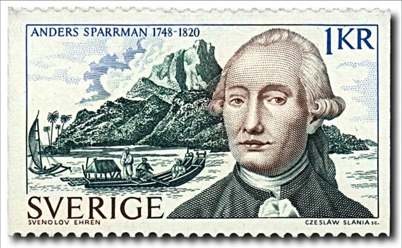 Depiction of Anders Sparrman, which was used in this Swedish memorial stamp from 1973 – about two hundred years after he worked as an assistant botanist on James Cook’s (1728-1779) second voyage from 1772 to 1775. The portrait originates from an engraving by Hubert after a drawing by M. Mollard. Sparrman was portrayed at an unknown date, but probably in the early 1780s, that is to say, 15 to 20 years before his involvement in textile manufacturing. (Swedish stamp, 1 krona).