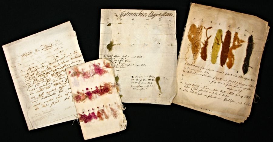 This natural dye sample collection with lichens and mosses by Johan Peter Westring (and assistants), was produced 1791-1803 – includes preparatory work for his book, published in 1805. The yarn samples of silk and wool, demonstrates his longterm dedication and hands on work with dyeing experiments. According to research by the Nordic Museum, this unique four-part collection of dye samples consists of: A. 4 silk and 25 wool samples (originally a total of 29 samples). B. Four samples (originally 11 samples). C. A letter dated Norrköping 23 January in 1803 by Westring to unknown addressee. D. 63 silk samples, mainly in light purple and pink shades. | Production by Johan Peter Westring et al, in Norrköping, Sweden. (Courtesy: The Nordic Museum, Stockholm. NM.0405402A-D. Digitalt Museum).