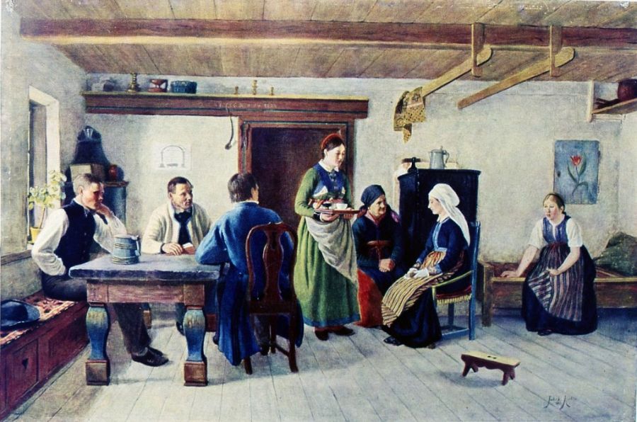 It was not accidental that Jakob Kulle’s interior paintings from farmer’s home depicted detailed textiles to such an extent, he and his sister-in-law Thora Kulle were both deeply involved in the early attempts to save the traditions of the long-lived textile handicraft during the later decades of the 19th century. This oil on canvas showing a Sunday morning from a farmer’s home in Torne district, Skåne c. 1870s. (Cederblom, G., Svenska folklivsbilder, fig 85, 1923).