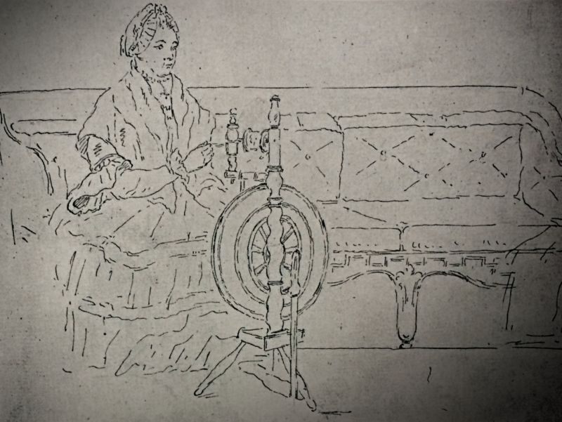 Spinning wool on a wheel by an unknown lady. Judging by the lady’s clothing and the Gustavian style sofa, this activity took place in a home of the Swedish nobility during the 1770s or 1780s. It is highly likely that this scene depicted a wealthy interior not far from the Piper family’s estate – Ängsö manor house – due to that the artist Gustaf Silfverstråhle (1748-1816) lived in the same province of Västmanland, quite close to Stockholm. Furthermore, during a period Silverstråhle was a pupil of the famous architect and engraver Jean Eric Rehn (1717-1793), who had close links to the Court just as the Piper family. Evidence of carding and spinning in the manor house milieu has also been traced via inventories and auction protocols, quoted in translations below. (Private ownership: undated drawing).