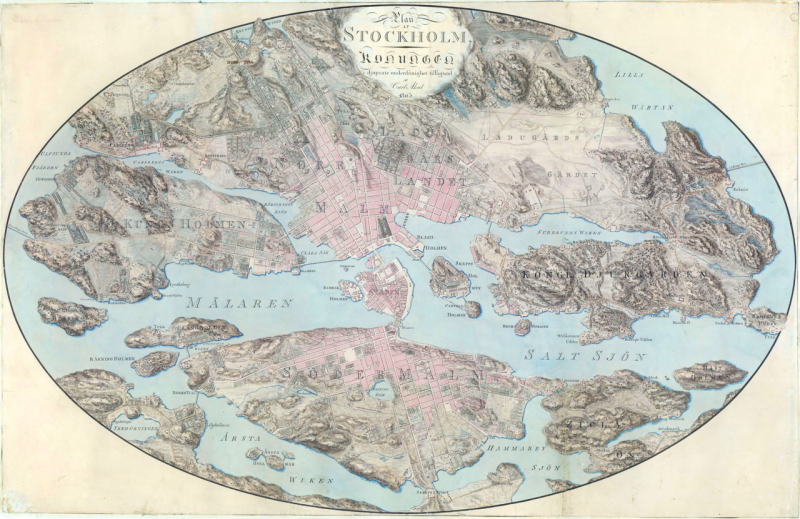 This map over Stockholm drawn in the earliest years of the century (printed 1805), demonstrates how close to the capital the Reenstierna family lived, useful for shopping, selling kitchen garden produce of the manor house, visiting friends or the theatre alike. Please notice that Årsta manor house was situated on the south side of ‘Årsta Wiken’ at the bottom left of the map. Occurrences linked to embroidery and travels as mentioned in her diary from the same period is enlightening. Initially on 27 June in 1805: ‘Today I drew a motif, which I think should be lovely to embroider after, with coloured threads on white silk serge for a small parasol.’ Probably this design was sent to the chosen skilled embroiderer, because about six weeks later, on 8 August the diary entry reads: ‘The afternoon was glorious and pleasant, when I with chaise travelled to the city to Mrs Hultner [dressmaker and embroiderer] due to pay the great expense for the satin stitching, which adorned an ell of white silk serge, intended for a small parasol, and for which she charges 6 rixdollar. I left the fabric to parasol maker Backmanson’. (Courtesy of: Military Archive in Stockholm. Map of Stockholm in 1802-1803 by Carl Akrel).