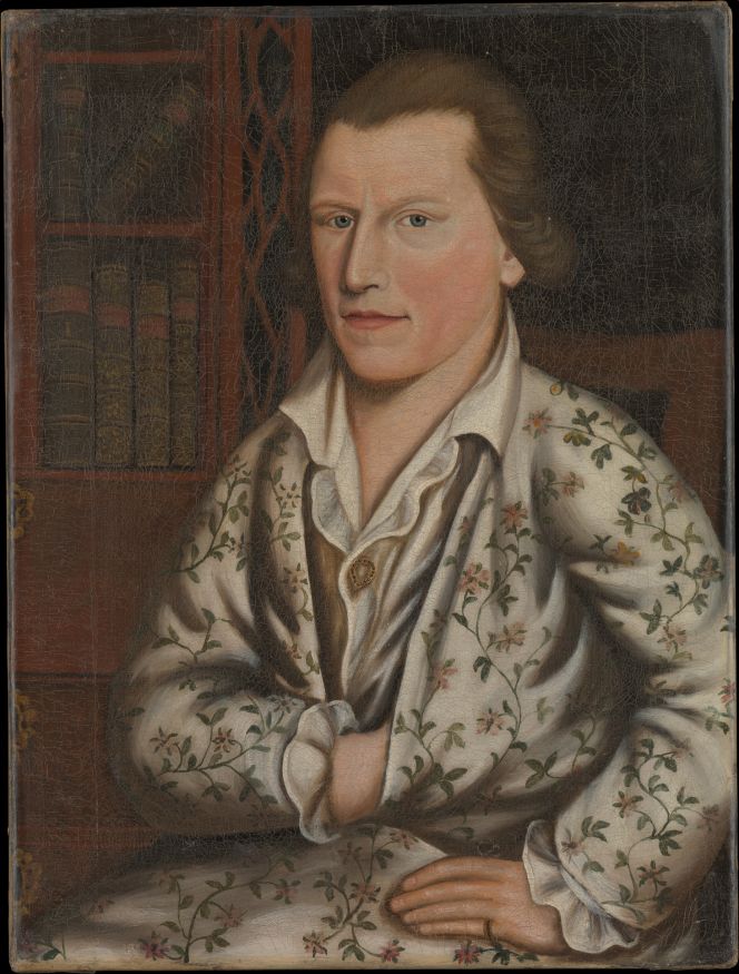 It is likely that banyans had crossed the Atlantic in the trunks of their owners prior to the mid-18th century, but such silk garments were in any case not mentioned by Pehr Kalm in his exhaustive travel journal. This somewhat later portrait of the Scottish immigrant textile importer William Duguid (1747-?) however, depicted a man based in Boston, Massachusetts in 1773, who preferred such a loose-fitting style of dress in his library, probably modest in size due to the small number of volumes visible in the cupboard-cum-bookshelves. Over his ruffled linen shirt, he wore a fine banyan, which was made of straight cut fabric pieces of a high-quality chintz (printed cotton) of either a European or Indian manufacture. | Oil on canvas by the artist Prince Demah Barnes of African descent (?-?). (Courtesy: The Metropolitan Museum of Art Collections. Friends of the American Wing Fund, 2010. No: 2010.105. Public Domain)