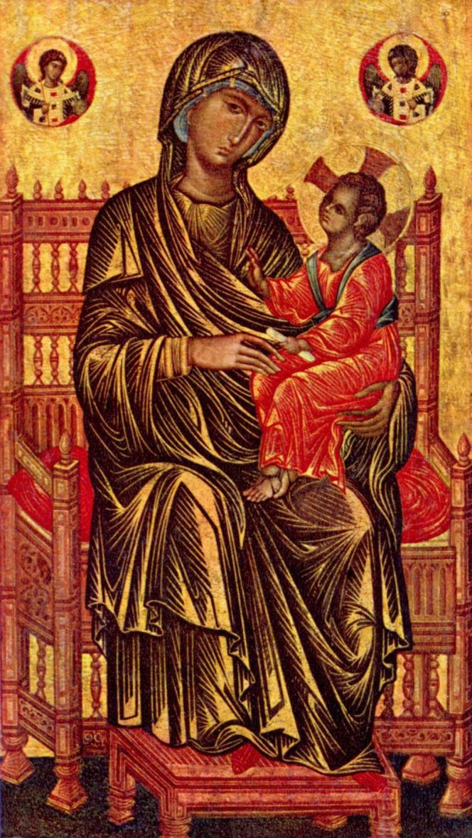 Example of 13th century artwork on wood panel, with madonna sitting on a cushion.  Unknown Italian-Byzantine painter. (Owner: National Gallery of Art, Washington D.C.,  USA. Wikimedia Commons).