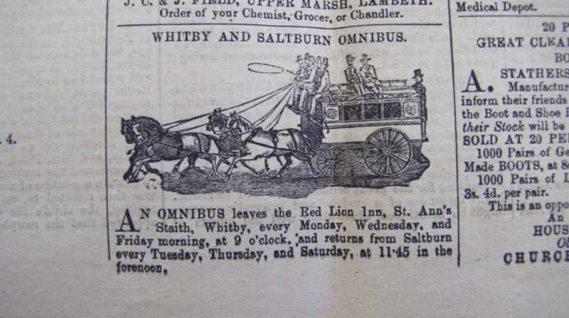 Advert from the Whitby Gazette, 28th December in 1867, ‘Whitby and Saltburn Omnibus’. (Whitby Museum, Library & Archive). Photo: Viveka Hansen.