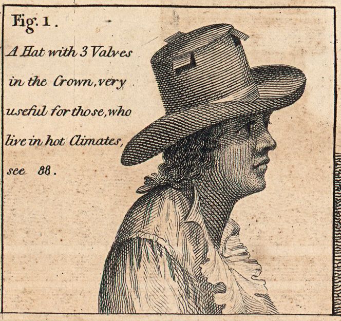 The importance of hats in warm climates was interestingly also illustrated in Carl Bernhard Wadström’s book:’A Hat with 3 Valves in the Crown, which is very useful for those who live in hot Climates’. The three square-shaped holes in the crown of the wide-brimmed hat were thought to give some extra ventilation in the intense heat. (Uppsala University Library, No: 97671/Alvin online source, Wadström… Fig. 1 of Plate I). 