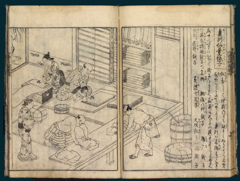 In the fourth volume of the same book set, this ‘Paper cloth from Sendai’ is one of sixteen plates. This most detailed and informative image showed the manufacturing of paper fabric in a workshop, with two female and three male workers. The final product was carefully folded into bundles and placed in a cupboard with sliding doors or packed into parcels for the best protection. Carl Peter Thunberg mentioned the preparation and use of paper fabric in his journal. About the Japanese dress, interestingly, he included this observation in the summer of 1776: ‘Sometimes, but merely as a matter of curiosity, the Japanese make of the bark of the Morus papyrifera, a kind of cloth, which is either manufactured like paper or else spun and woven. The latter sort, quite white, fine, and resembling cotton, is sometimes used by women. The former, printed with flowers, is used for the long nightgowns by elderly people only and is worn by them at no other time than in the winter, when they perspire but little, and then with a gown or two besides.’| Artist and engraver: Mitsunobu Hasegawa (1721-1755) from Osaka. (Courtesy: Uppsala University Library. Alvin-record: 91839).