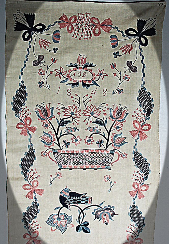 In contrast to the woven wall-hanging illustrated and described above, this example from the same province was embroidered in the so-called ‘Blekingesöm’ with cotton threads on plain woven linen dated in stitches with the year 1848. (Courtesy: Nordic Museum, Stockholm, Sweden. NM.0232890, part of the textile. DigitaltMuseum).