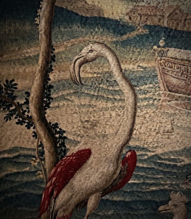 A second detail from the same Seaport tapestry, ‘Les Ports de Mer’, of wool and silk on a woollen warp, featuring a large flamingo-like bird. The history of the design will be explored a bit further below. (Collection: Design Museum Danmark, København. Exhibition 2019. No: B 44/1911, part of). Photo: Viveka Hansen, The IK Foundation.