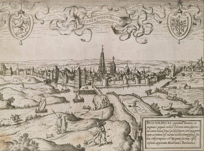 An etching of ’s-Hertogenbosch in the present-day Netherlands, dated circa 1609, shows bleaching and drying of linen clearly visible in several enclosed green fields. All these parcels of land were situated close to the walled town, possibly connected via a wooden bridge on the opposite side of the river. Cattle and dogs are fenced out to ensure that shirts and bed linens are not trampled. Judging by the long, narrow linen sheets for bleaching in some of the enclosures, it is even likely that linen was produced nearby and required bleaching grounds for their manufacturing process. Furthermore, this town was only about 100 kilometres from Haarlem, the centre of linen manufacturing, which was the most successful in this trade during the first half of the 17th century. s-Hertogenbosch was evidently part of the same extensive linen production area. (Collection: The British Library, London, UK. Etching by Cornelius Claesz, Amsterdam, part of George III’s Topographic Collection. No. BLL01004806016)