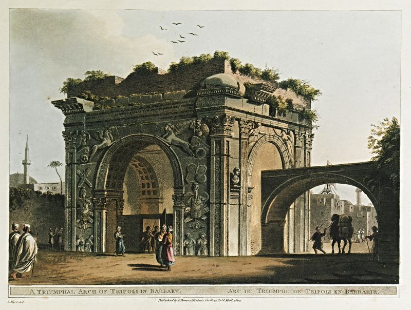Göran Rothman visited Tripoli in the 1770s and described in correspondence after his return to Stockholm on 20 August 1776 how he made close-up studies of the ‘Arcus Romanus’, but he had some assistance. ‘I read the engraving in company with the literary Mr. Richard Tilly the chancellor of the English consulate and a young Comte de Ballovich a brother of the Venetian consul…’ (Quote: Hansen, L. ed., Volume Four, p 89. Image: ‘Luigi Mayer. Views in the Ottoman Dominions, in Europe in Asia, and some of the Mediterranean Islands, Λονδίνο, P. Bowyer, 1810’). 