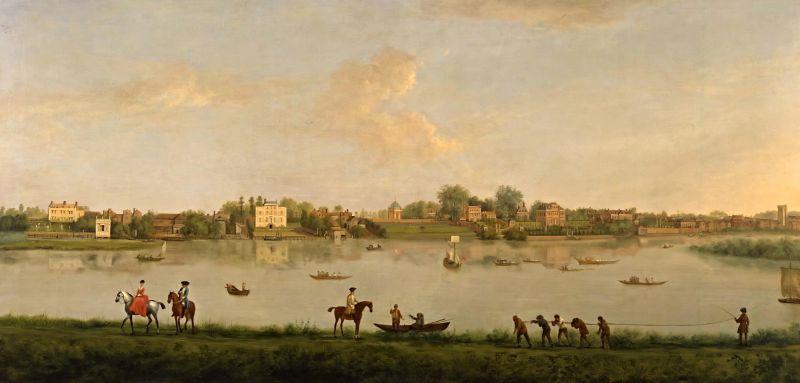 The Thames at Twickenham in 1725 features Alexander Pope’s Palladian-style villa with a light yellow facade spanning three floors and a garden at the riverside. A house that Pope employed the architect James Gibbs (1682-1754) to build prior to Pope taking up residence here in 1719, an area where wealthy families preferred to live in beautiful surroundings, with easy access to central London, just about 15 kilometres on the waterway. Visible in this painting via the row of “palace-like” estates along the waterfront, luxuriant gardens, pleasure boats and a riding couple in fashionable clothing. Many artists depicted this tranquil view of Pope’s villa in the 18th century from various angles. However, most of these paintings were made after his death. It is also noticeable that at least one embroidered picture is extant of his villa (illustrated below), and that the house was completely demolished in 1808 when it was regarded as out of style. | Painting by Peter Tillman (1684-1734). (Courtesy: Twickenham Museum. Public Domain).
