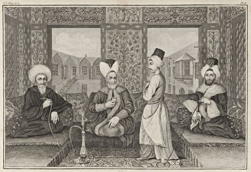 A late 18th century illustration of inhabitants from Aleppo, seated in a wealthy interior. This informative depiction gives a detailed view of the men’s warm wide-cut clothing, fur edgings etc – comparable in more than one way with Niebuhr’s travel notes, quoted below. (Courtesy: Wellcome Library, London. Published in. G. G. and J. Robinson, London 1794. No: EPB 45188/C Vol. 1).