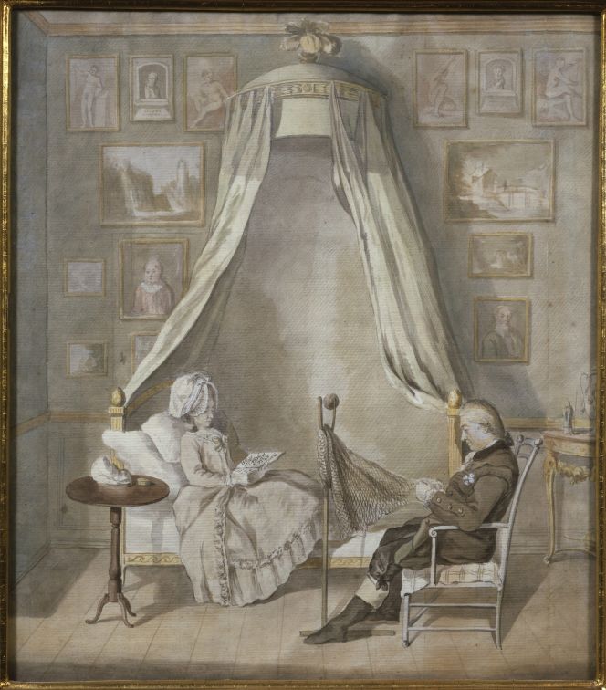 The somewhat later depiction of an ‘Interior with Count Claes Ekeblad and his Wife Brita, née Horn’ in Sweden, gives several informative details from a perspective of beds – compared to the 1758 Inventory. Like the “sofa bed” where the lady of the house comfortably rested/reed her book under decorative curtains, a furnishing feature which also was designed to be warming and protecting if drawn together. Watercolour, pencil and ink by Lorentz Svensson Sparrgren in 1783. (Courtesy of: The National Museum, Sweden. No: NMB 1402, Wikimedia Commons).