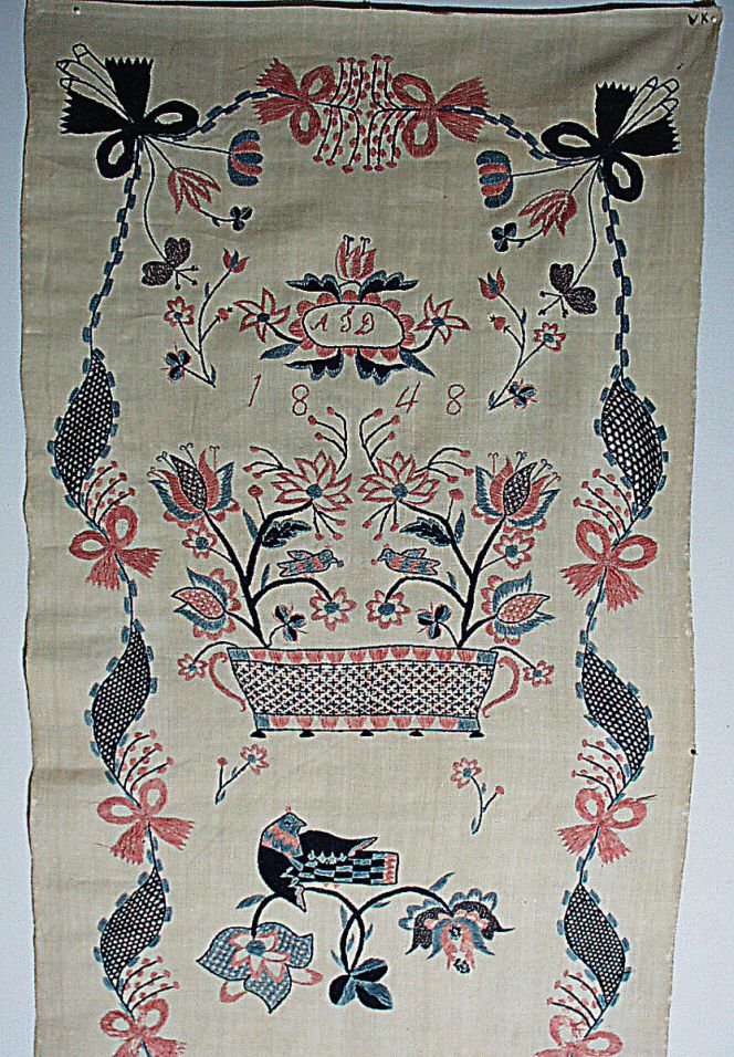 Linen wall-hanging embroidered with cotton thread and dated 1848 in so-called  Blekingesöm; Blekinge, Sweden. (Courtesy of: Nordic Museum, Stockholm,  NM.0232890, & historical facts from catalogue card).