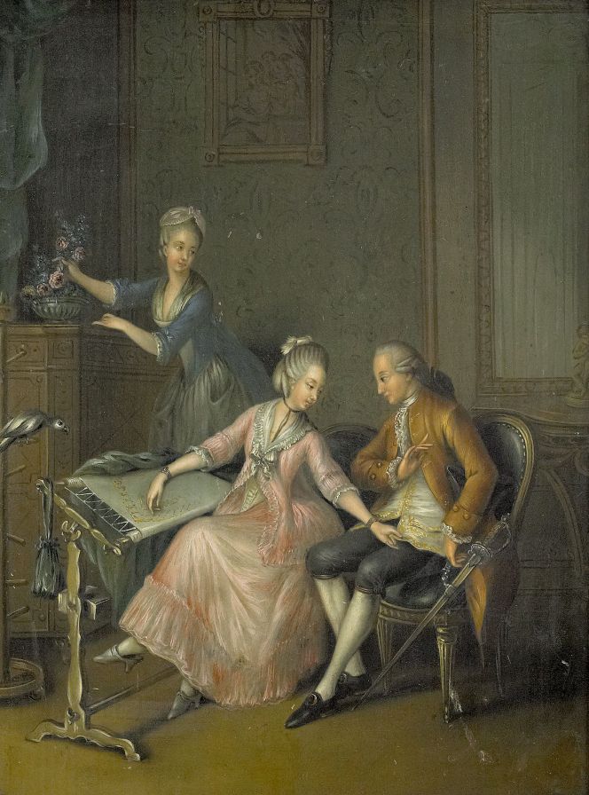 This domestic interior from a wealthy home dating 1780, depicts a detailed view of a free embroidery  in a frame. The motif was pre-sketched on the fine silk fabric and stitched with a gold-like thread. Maybe the  lady was comparing her work with the vest worn by the young man! Oil on canvas by Niclas Lafrensen  the Younger (1737-1807). (Sold by Stockholms Auktionsverk in 2012, unknown ownership).