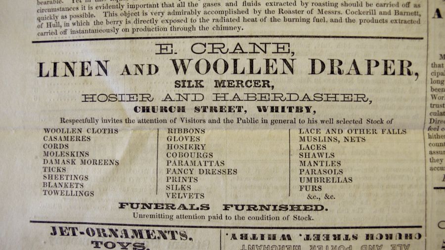 Advertisement in Whitby Gazette. On 27 July 1855 Crane’s listed the following material and ready-made goods (Owner: Whitby Museum, The Library). Photo: Viveka Hansen