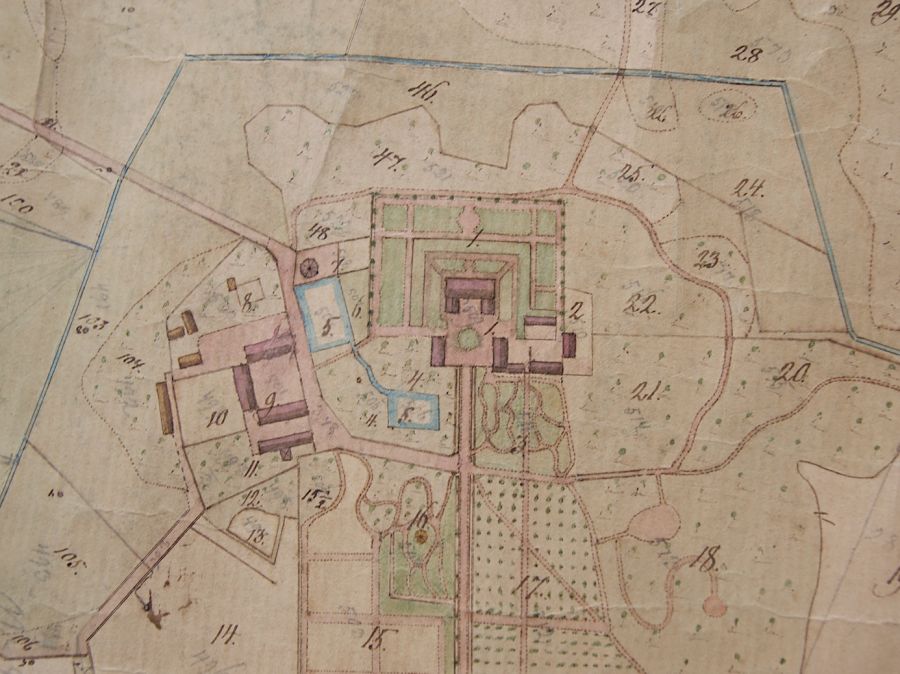 Map of Christinehof manor house and surrounding areas ca 100 years after the 1758 inventory was written. The sizes of fields and some meandering gardens had changed, but the main building and the formal garden close to the house were much the same as in the mid-18th century. The very same for the straight road which brought the family to and fro one of their other homes – for instance on the ca 500 kilometre journey to Stockholm in a horse-drawn carriage on public highways taking about five to seven days. However, it is likely that one paid visits at friends’ or relatives’ homes, which prolonged the journey even further. (Courtesy of: Historical Archive of Högestad and Christinehof,  The Main Archive, part of an 1864 map). Photo: The IK Foundation, London.