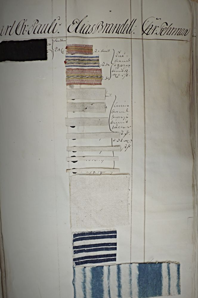 Samples of fabric from the manufacturer Elias Brandell (probably Stockholm) in 1751. The two blue and white striped fabrics can be compared to the quality Parcum as listed in the Inventory of 1758 – a coarse fabric of linen or cotton/linen. Notice that the one at the bottom had been napped with teasels to be softer. (Collection: The National Archive (Riksarkivet)… ‘Kommerskollegium årsberättelser 1751’). Photo: Viveka Hansen, The IK Foundation.