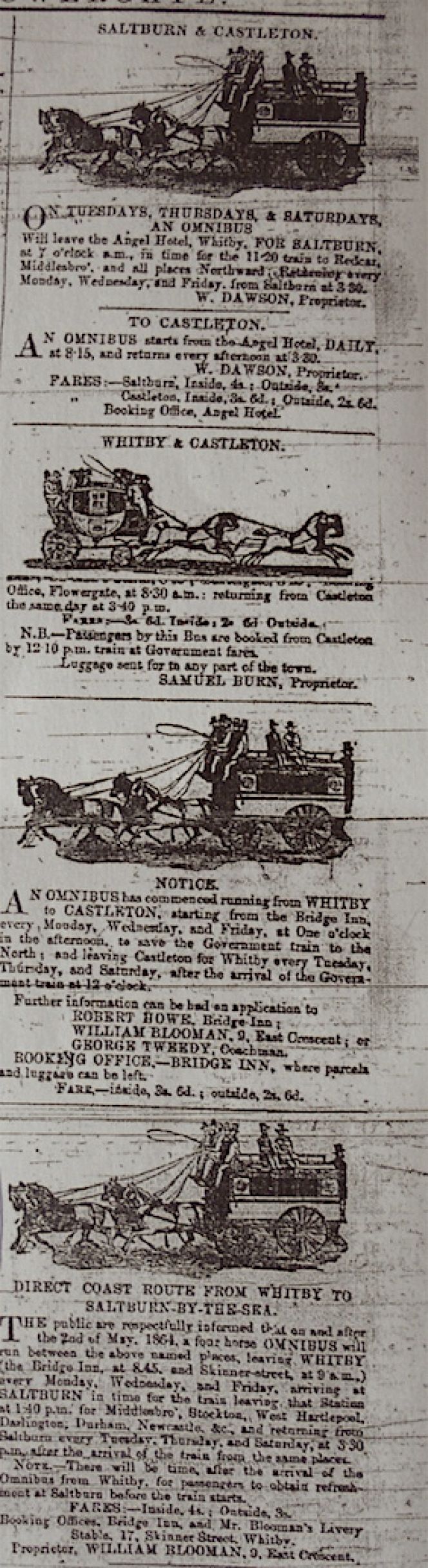 Informative advert of available coaches – in Whitby Gazette, 21st May in 1864. It may be noted that more than one coach firm operated to the same destinations; price, speed, comfort, refreshments, handling of luggage and direct routes were important qualities to pinpoint in this evidently competitive market. Unsurprisingly, the fare was cheaper for outside travel and also notice that timetables were coordinated with trains for ‘Middlesbrough, Stockton, West Hartlepool, Darlington, Durham, Newcastle. &c’. (Whitby Museum, Library & Archive). Photo: Viveka Hansen.