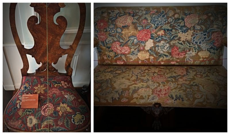 This combined picture of one of the chairs originating from around 1735 and the sofa to ten years later, among other things, clearly shows that the upholstery on the sofa has faded to a greater extent than on the two chairs with a madder (Rubia tinctoria) red ground colour, particularly visible on some of the foliage, which have turned blue. It may be noted that greens could only be made by first dyeing yellow (for instance with saw-wort, Serratula tinctoria) and then blue to get a durable result with natural dyes – and due to that the blue (woad or indigo) was the hardier of the two. This colour is often what remains on the original foliage on embroideries and tapestries of the time, which have been exposed to daylight over many decades. (Collection: David Collection in København, Denmark. No. 29a-b/1972 & No. 22/1971). Photo: Viveka Hansen, The IK Foundation.