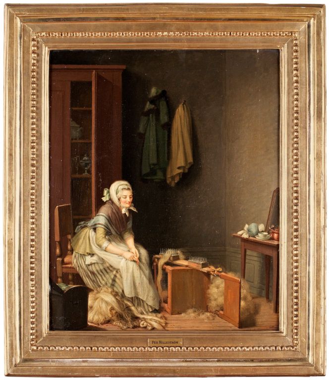 This oil on canvas by Pehr Hilleström (1732-1816), signed in 1798, demonstrates ‘A maid heckling flax’, with the heckle provisionally tied to a chair. The maid seemed to have been halfway through the task when she injured her finger on the very sharp rows of pointed needles. Such a heckle was used to give the fibre its final shiny “combed” look before the spinning at the same time as the flax tow was separated – here sorted to the right side of the chair – which later could be spun to coarser qualities. (Courtesy: Private Ownership. Photo, Bukowskis in Stockholm).