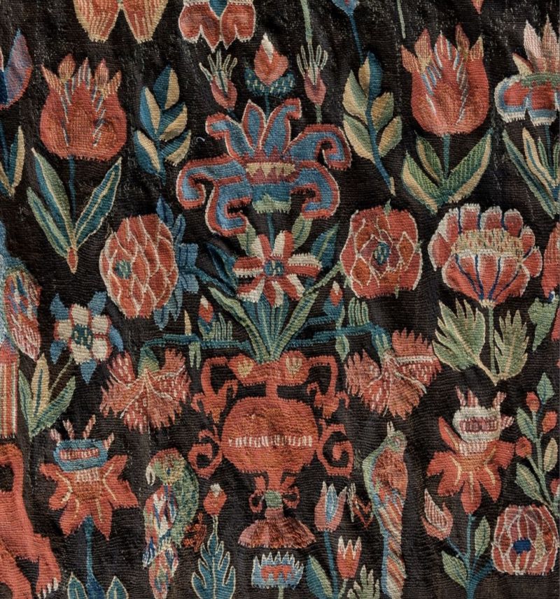 This is a detail from one of the six bedcovers, woven in the 1770s and marked “EPD-KPD”, which may indicate that it was woven by both sisters Elna (1756-1842) and Karna Persdotter (1758-1833). According to earlier research (Ingers, 1975 p. 28), this bedcover was part of Karna’s dowry prior to the wedding with the farmer Nils Mattson (1758-1833) in Everlöv. However, the bedcover was not mentioned by Nils Månsson Mandelgren in 1873, but it is believed to have stayed within the family until the 1880s when it was sold to Näsbyholm manor house situated in the same province. From this place it was included in the textile inventory made by the Handicraft Organisation (Malmöhusläns hemslöjd) in 1921 and illustrated a few years later in their major publication work of local textiles. In 1933 the bedcover was then sold at auction in Stockholm and donated to the Nordic Museum, which still today is the keeper of this beautiful and well-preserved bedcover. (Courtesy: The Nordic Museum, Sweden. NMA.0059502. DigitaltMuseum).