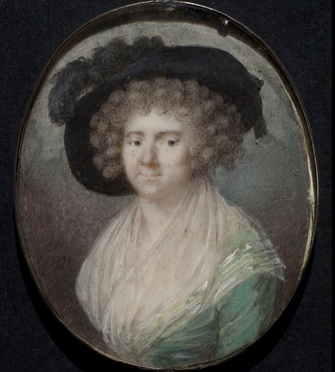 This contemporary miniature painting demonstrates that these depictions were not necessarily portraits of a young person – as was customary on fashion plates/drawings. Here we see the 54 year old Katarina Maria Jacobsson (1737-1792, née Ekerman) in 1791. However, the style of fashion is similar to the younger woman’s outfit above, even if somewhat more modest with a black hat and plain green dress. (Courtesy of: The Nordic Museum NM.0081679).