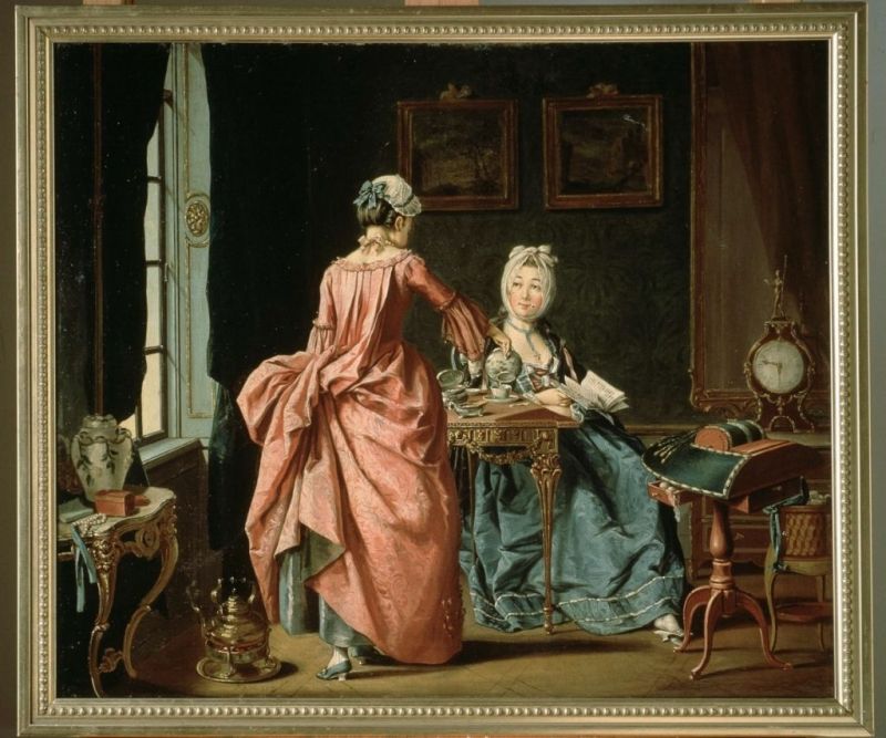 This oil on canvas by Pehr Hilleström in 1775 may be studies from several angles of a wealthy home in 18th century Sweden. The lady’s relaxed everyday life surrounded by silk fabrics, pearls, porcelain, gilded furniture and much more in the luxurious interior also included some useful or industrious occupations – like reading and bobbin-lace making. The lacemaking was depicted as an ongoing work, as it seems like a narrow lace assisted by pins and a “reasonable” number of bobbins in use, not more than ten pairs. The useful wooden stand was fitted with practical drawers, for safe-keeping of fine linen threads, pins and additional bobbins. To be compared with the much wider contemporary professionally Swedish-made laces on the image below. (Courtesy of: Nordic Museum, Stockholm, Sweden. NM.0177655.1, Digitalt Museum).