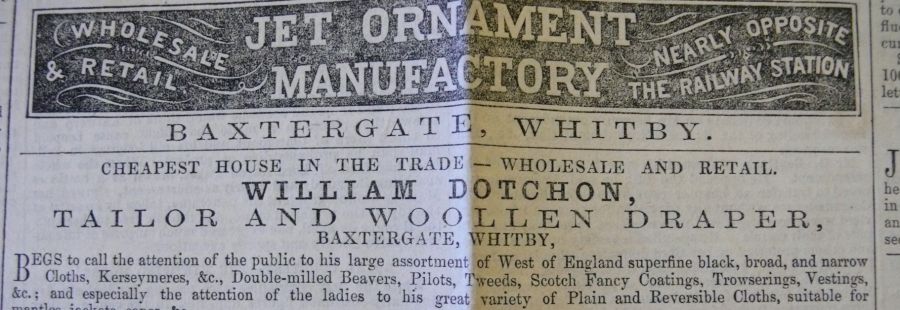 Here an example of a Jet Manufacturer who advertised in Whitby Gazette in the year 1860 with the typical “jet black” ground – printed in reversed, white on black. (Whitby Museum, Library & Archive). Photo: Viveka Hansen.