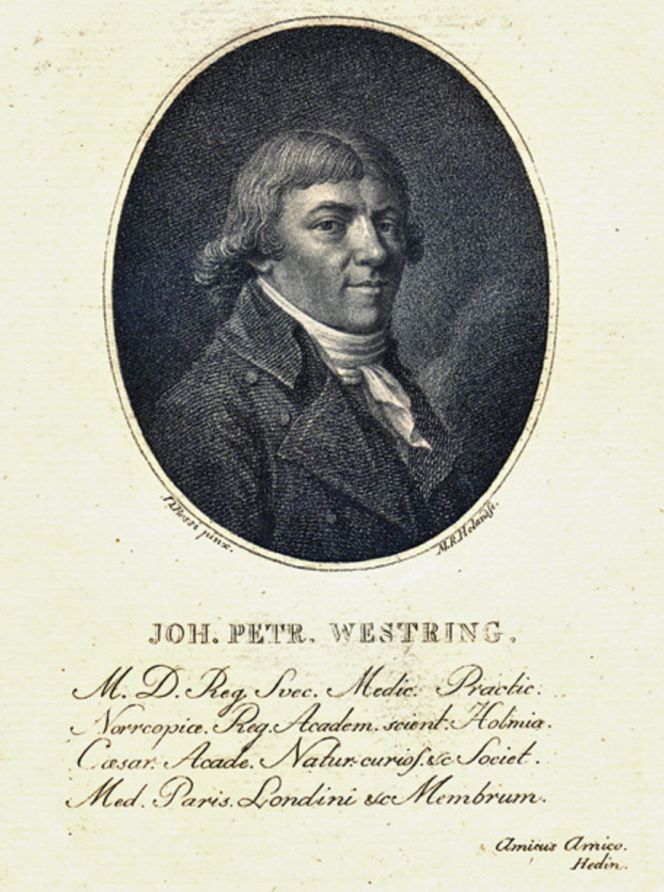 Etching of Johan Peter Westring, probably dating to the mid-1790s, when he was about 40-years-old. In particular evident via the Latin text, which informs about his profession as a Royal physician (which he became in 1794), his medical practice in Norrköping as well as memberships of learned societies in London and Paris. That is also to say, during the same time in his life as he made experiments with dyeing of lichens, published his observations in Kungliga Vetenskaps Academiens Handlingar (Acts of  the Royal Academy of  Sciences) and planned for his future publication about natural dyeing of wool, silk, linen and cotton with native growing species in Sweden. (Private Collection: Single etching of Joh. Petr. Westring).