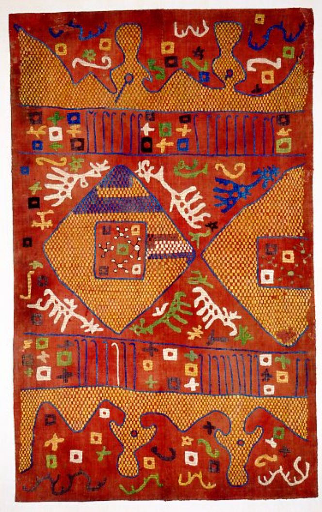 Kaitag region, Daghestan. 18th century or earlier. “Elk on Red”. Silk embroidery on cotton, 120 x 78 cm. Courtesy of: Textile Art Publications (TAP), London.