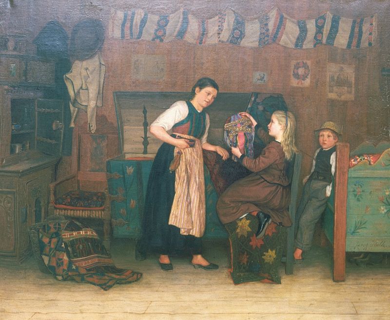  “In the chest chamber” is one in a series of similar paintings by the artist Jakob Kulle from the 1870s and 1880s. The observations always included various interiors from 19th century farming communities in southernmost Sweden – with the traditional textiles and clothing as featured focal points. (Owner: Malmö Museum. Photo: The IK Foundation, London).