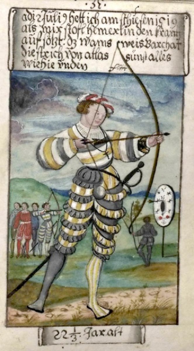 This is one of many portraits from the German accountant Matthaeus Schwarz’s life,  the paintings were commissioned by himself during various stages in his life from c. 1520  to 1560 – today known as the “First Book of Fashion”. This particular painting is an  interesting comparison of dress and the use of a cod piece when he was 22 years old  around 1520, at a time when Malmö also had a substantial German population. The  excavated “garment” from Malmö (see details in the text below) was probably worn in a similar fashion  in the early 16th century (Courtesy of: Wikimedia Commons).