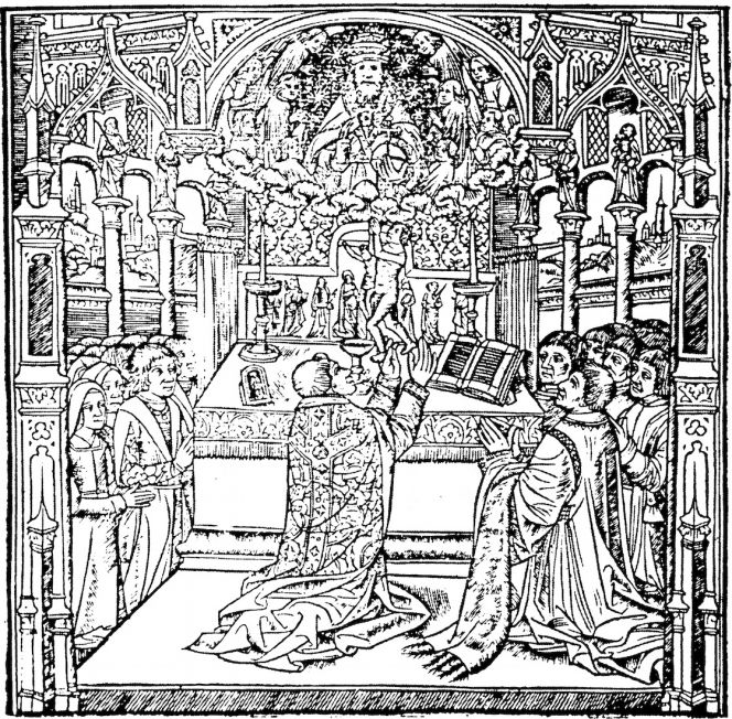 This early print included in Missale Lundense dated 1514, gives visual examples of the ecclesiastical textiles’ traditional use. The centred bishop’s/priest’s chasuble probably illustrated a richly embroidered cross stitched on an expensive figured silk, while a long shirt or alb was worn under the chasuble. Notice that the altar is covered by an altar cloth with a decorative fringe. (Public Domain: Hopyl, Wolfgang, Missale Lundense, Paris, 1514, p. 1).