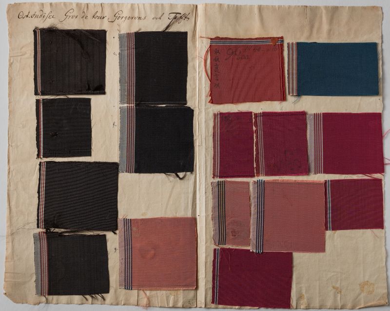 Interesting comparisons to Osbeck’s list of silks are these samples of ’East Indian Gros de Tours, Gorgerons and taffetas’ – qualities which originated from the Swedish East India Company imports of fine silks – part of Anders Berch’s (1711-1774) educational collection, dated to circa 1736 to 1774. Plain coloured silks were named after weaving technique and fineness, often with a similar looking ribbed or plain structure. Taffetas for instance, was also carried on the ship ‘Götha Leijon’ in 1752, listed above in the large number of ‘1291 pieces’. Other single coloured silk qualities could be named as Gros de tour, Gorgerons, Paduasoy and plain Satins. (Courtesy: The Nordic Museum. NM.0017648B:10 Digitalt Museum).