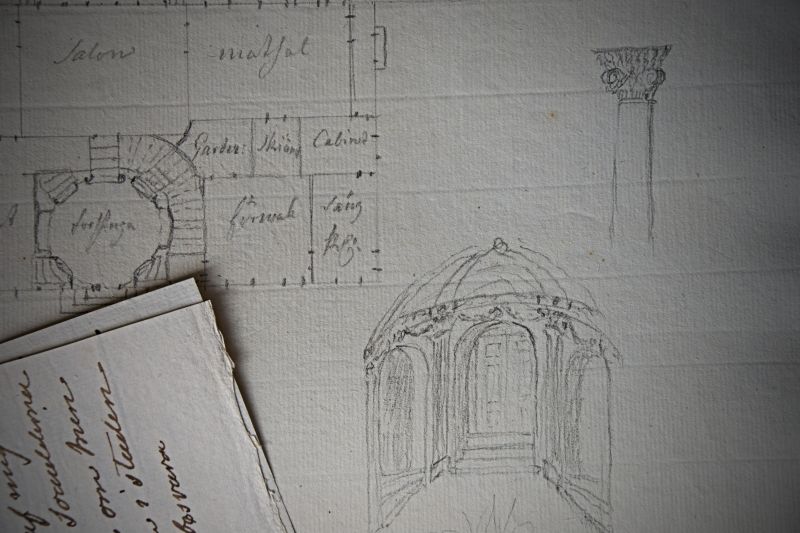 The historical archive at Christinehof manor house has a rich selection of documents giving evidence for the Piper family’s high standard of living over the years from a multitude of perspectives, including ongoing planning of interiors and exteriors of the family’s properties visualised in text and drawings. Exemplified here with undated documents – in total 25 pages of text and seven drawings – from the 1750s to 1770s and linked to the family manor house named Toppeladugård, which had been in their ownership since 1712. (Collection: Historical Archive of Högestad and Christinehof…no. D/III 8). Photo: The IK Foundation, London.