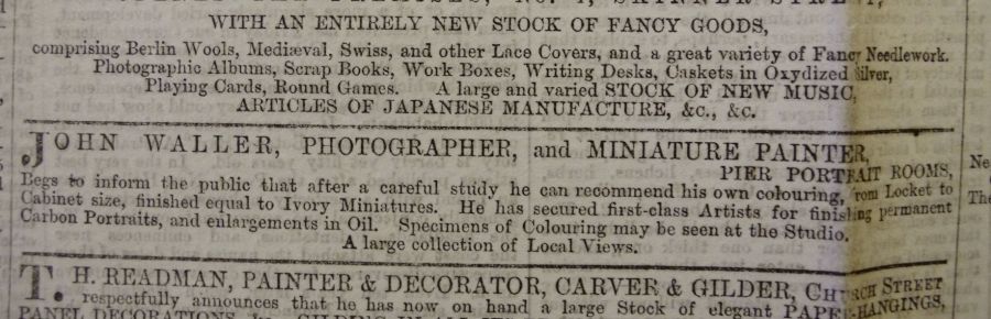 Advertisement in Whitby Gazette by the same J. Waller, still in his business at the same address in June 1875.  What can be understood from his regular notices, he continued up to 1880 with his Portrait workshop at this  desirable position, close to the seaside and the still rather newly-built hotels in the West Cliff area.  (Whitby Museum, Library & Archive). Photo: Viveka Hansen.