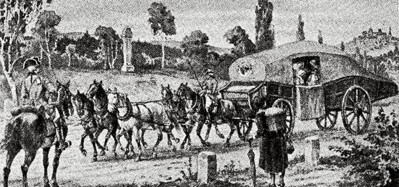 Depiction of a mid-18th century post chaise or spacious carriage with room for a group of travellers, drawn by five horses in the German area/Saxony. (Wikimedia Commons. Public Domain).