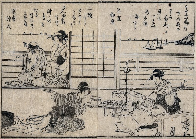 Carl Peter Thunberg during his time in Japan 1775-76 made a detailed notation in his journal about Japanese traditions: ‘Their soft floor-mats serve them for chairs and beds. A small table, about 12 inches square, and four in height, is set down before each person in company at every meal. Here it may be proper to observe, that whereas most of the other nations in India sit with their legs laid across before them, the Chinese and Japanese lay their feet under their bodies, and make a chair of their heels.’ Comparable with this Japanese woodcut, dating circa 1780 by Kitagawa Utamaro (1753?-1806) (Courtesy of: Wellcome Library no. 566191i).