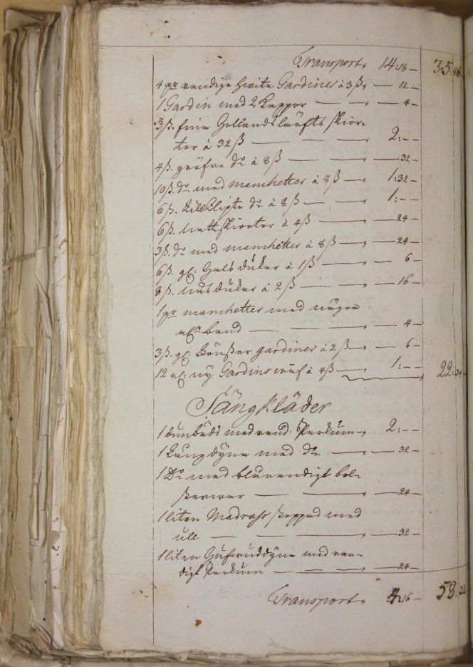 This text shows parts of the deceased’s ‘Linen’ and ‘Bedclothes’, the full text of which can be studied in a translation above and at the image caption below. (Courtesy of: Stockholms Stadsarkiv… 1779, rotel 1, no. 222 p. 4. Page four (out of ten) of Göran Rothman’s estate inventory, dated 11 March 1779).