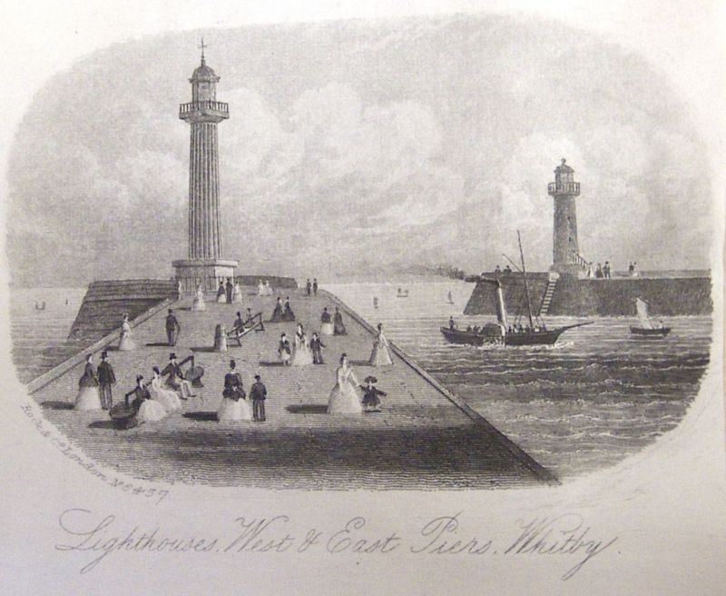 ‘Lighthouses West & East Piers Whitby’ c.1860s. At this time steamships coexisted with sail in Whitby harbour – sailing to Scarborough among other places – as can be seen in this print. (Courtesy of: Whitby Museum, Library & Archive, Local Prints and Papers, 942.747).