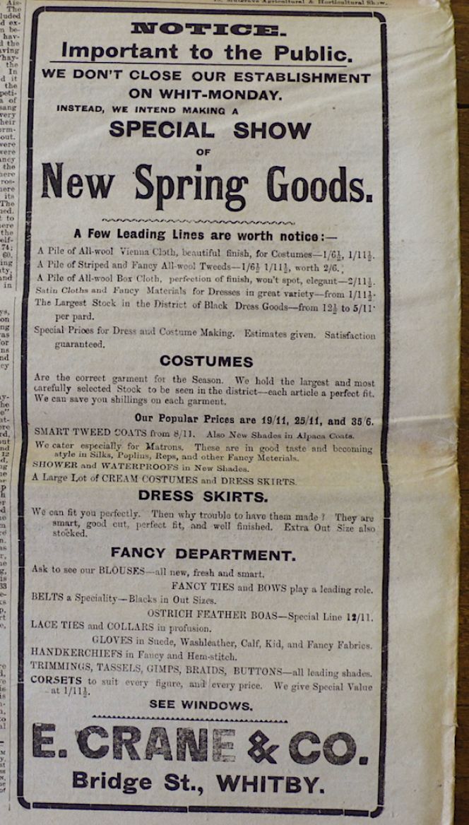 The drapery E. Crane & Co. advertised in great detail about their ‘Special Show of New Spring Goods’ in Whitby Gazette on May 28th, 1909. (Whitby Museum, Library & Archive). Photo: Viveka Hansen.