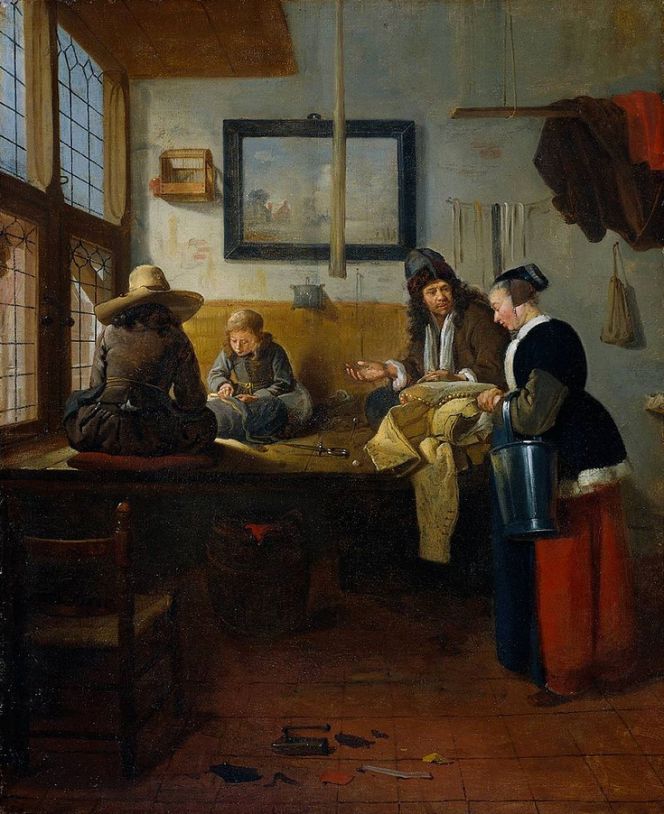 ‘The Tailor’s Workshop’ dating 1661 is chosen to depict the next stage in the trade of cloths. Customers either delivered their newly purchased fabrics to be stitched into various garments, or as the woman in picture, to consult about suitable alterations/mendings on clothing in one’s possession. Both the tailor and his young apprentices are at work on this oil on canvas by the Dutch artist Quirijn van Brekelenkam. (Courtesy of: Rijksmuseum Amsterdam,  The Netherlands, No. SK-C-121, Wikimedia Commons).