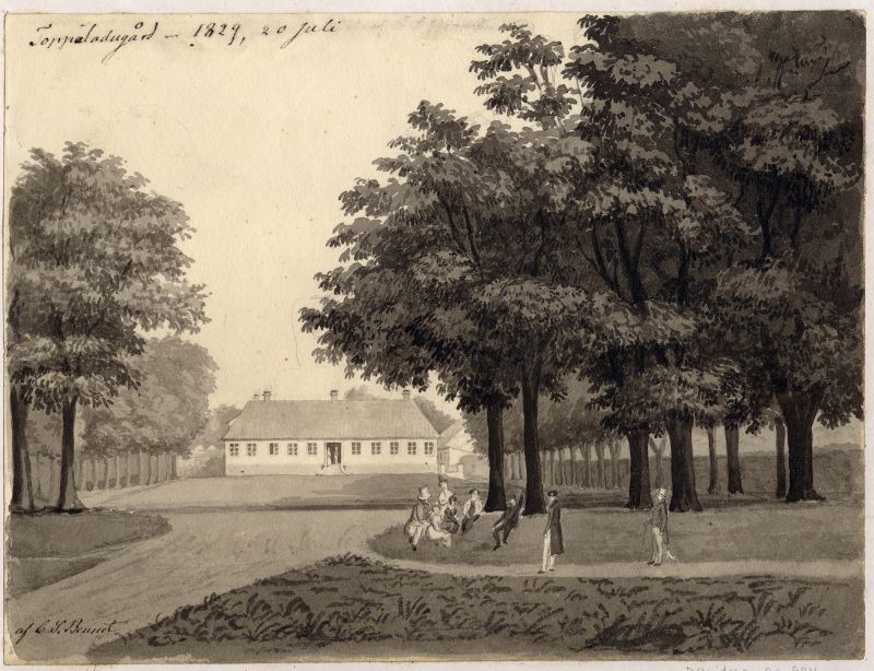  This tinted drawing dating exactly to 20 July in 1829, give a moment in life from one of the Piper family’s former residences, Toppeladugård manor house, in southernmost Sweden (in their ownership since 1712 up to 1791). It was located 40-50 kilometres only from several of the Piper’s other manor houses – Christinehof, Krageholm and Baldringe. The artist Carl Stefan Bennet, part of the then present owner family, illustrated this tranquil garden scene where the fashionable young ladies and gentlemen were seated under the thickly foliaged trees. Even if not reflected here, of understandable reasons gardens had long before this time been regarded as a suitable place for handicraft during pleasant summer days. (Courtesy: Uppsala University Library, Sweden. alvin-record: 85045. Public Domain).